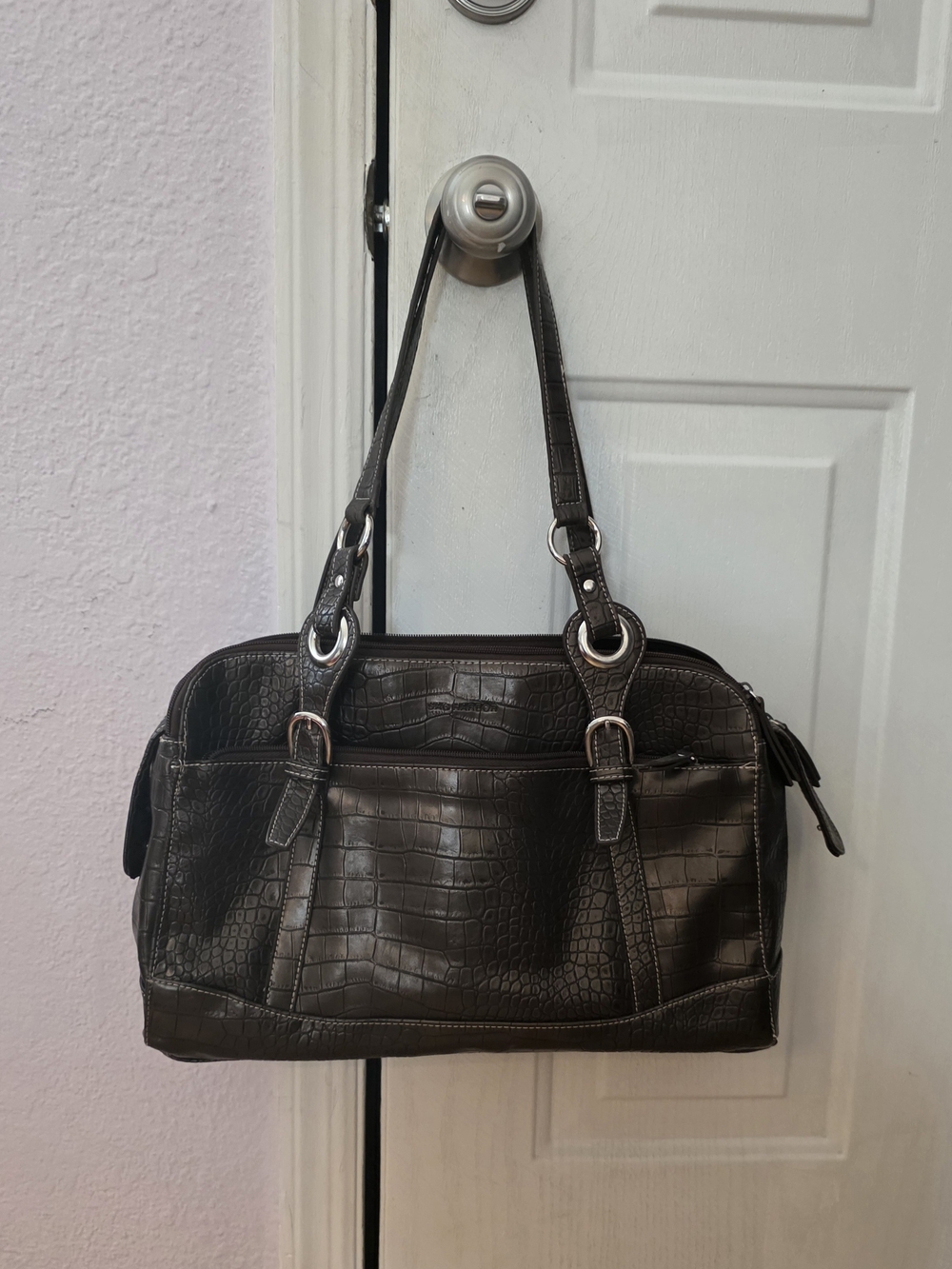 Sag Harbor Croc-Embossed Dark Brown Shoulder Bag with Silver Hardware